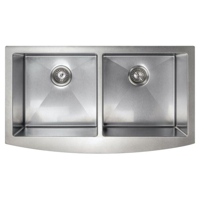 ZLINE Niseko Farmhouse 36" Apron Mount Double Bowl Sink in Satin Stainless Steel (SA50D-36S) top view.