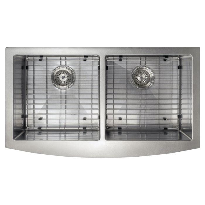 ZLINE Niseko Farmhouse 36" Apron Mount Double Bowl Sink in Satin Stainless Steel (SA50D-36S) with grid covers.