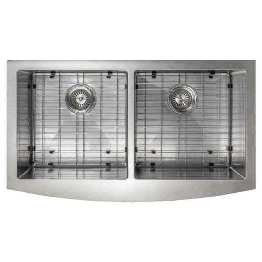 ZLINE Niseko Farmhouse 36" Apron Mount Double Bowl Sink in Satin Stainless Steel (SA50D-36S) with grid covers.