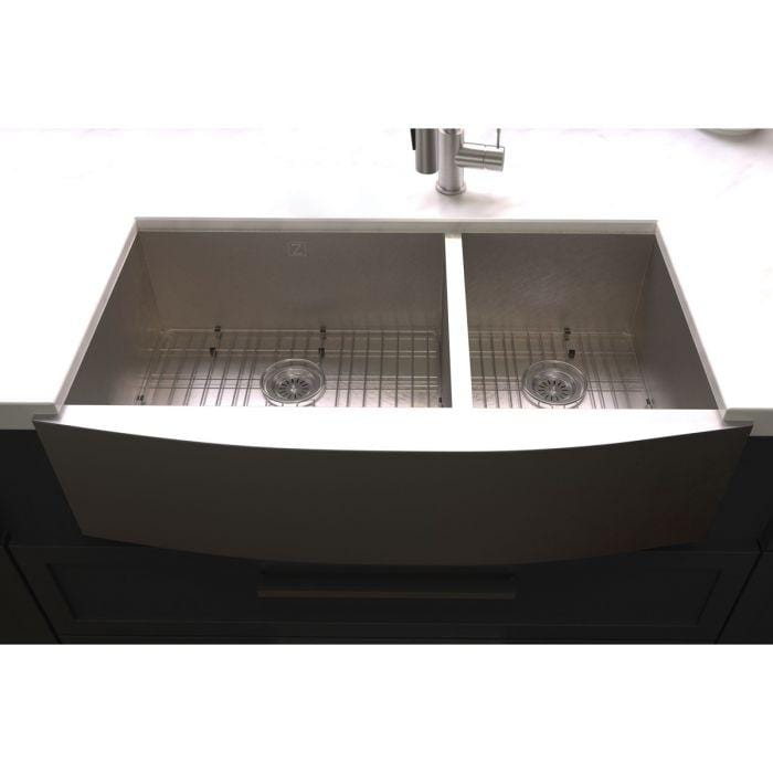 ZLINE Courchevel Farmhouse 36" Apron Mount Double Bowl Sink in Satin Stainless Steel (SA60D-36S) with grid.