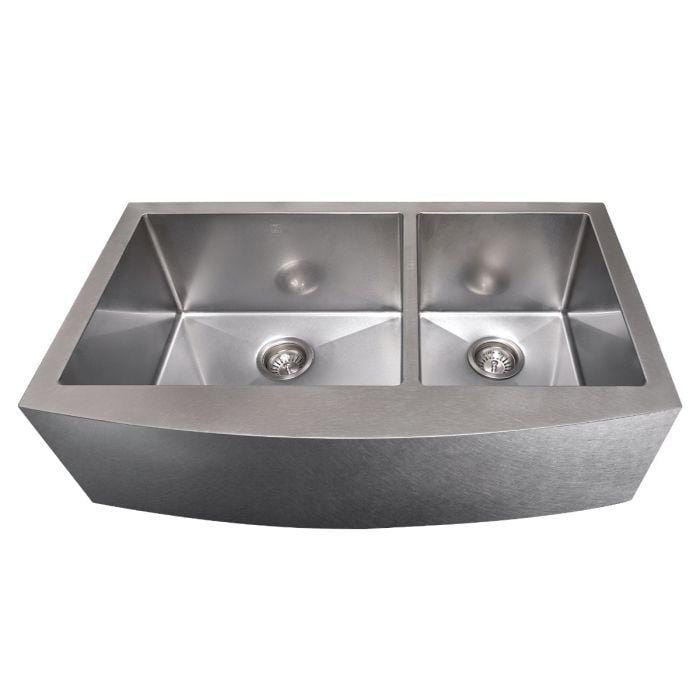 ZLINE Courchevel Farmhouse 36" Apron Mount Double Bowl Sink in Satin Stainless Steel (SA60D-36S) with a sleek finish.