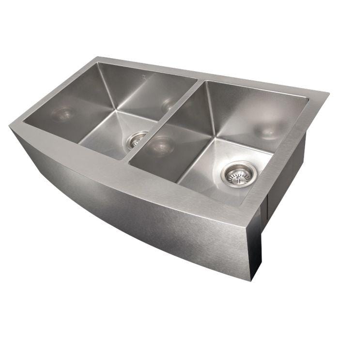 ZLINE Courchevel Farmhouse 36" Apron Mount Double Bowl Sink in Satin Stainless Steel (SA60D-36S) with two spacious bowls.