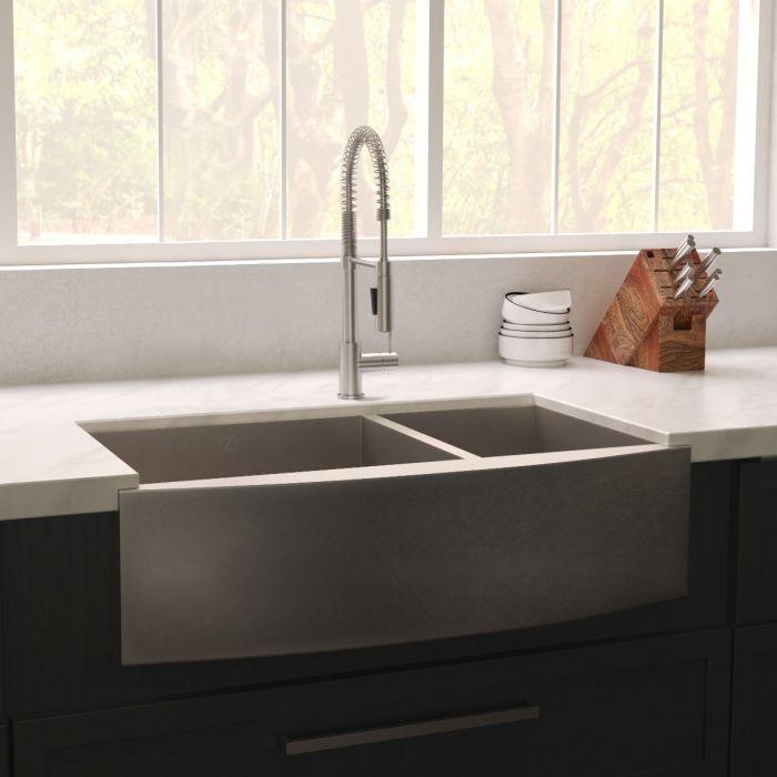 ZLINE Courchevel Farmhouse 36" Apron Mount Double Bowl Sink in Satin Stainless Steel (SA60D-36S) displayed in a modern kitchen setting.