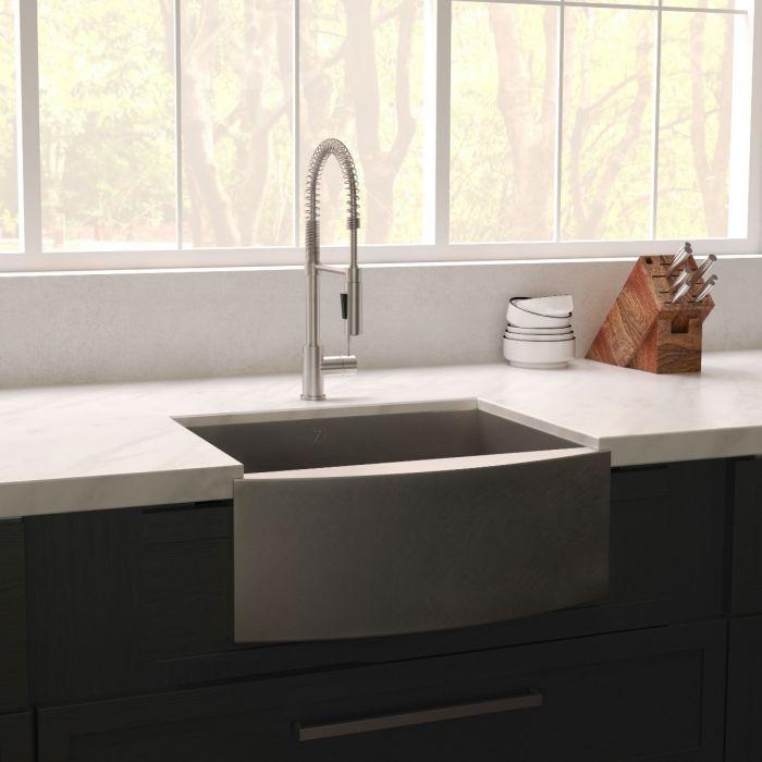 ZLINE Zermatt Farmhouse 30" Apron Mount Single Bowl Sink in Satin Stainless Steel (SAS-30S) displayed in a modern kitchen.