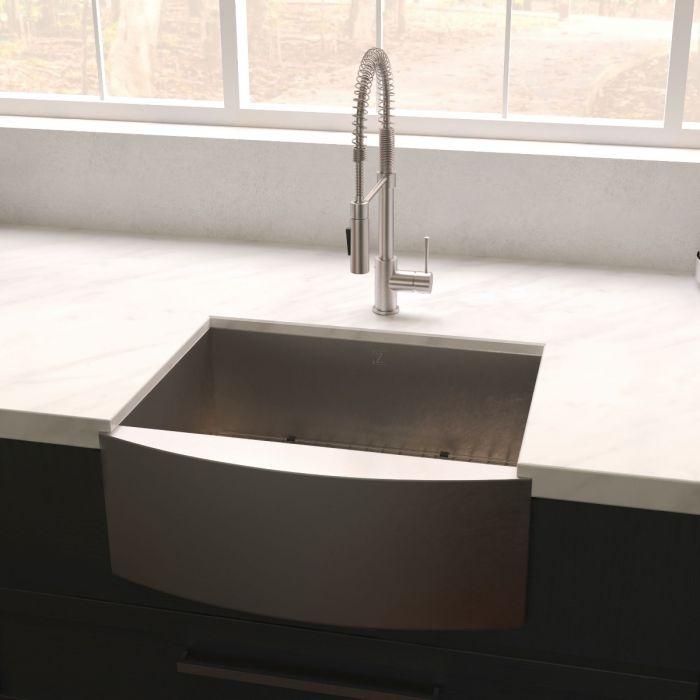 ZLINE Vail Farmhouse 33" Apron Mount Single Bowl Sink in Satin Stainless Steel (SAS-33S) in modern kitchen setting.