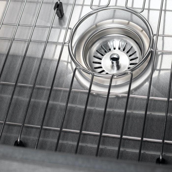 ZLINE Vail Farmhouse 33" Apron Mount Single Bowl Sink in Satin Stainless Steel (SAS-33S) with included grid and drain.