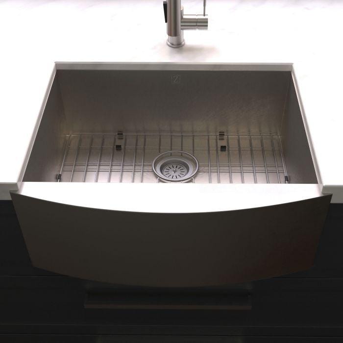 ZLINE Vail Farmhouse 33" Apron Mount Single Bowl Sink in Satin Stainless Steel (SAS-33S) with grid and drain.