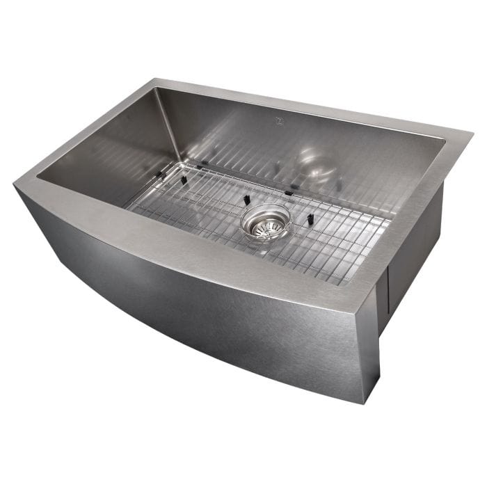 ZLINE Vail Farmhouse 33" Apron Mount Single Bowl Sink in Satin Stainless Steel (SAS-33S) with modern design and accessories.