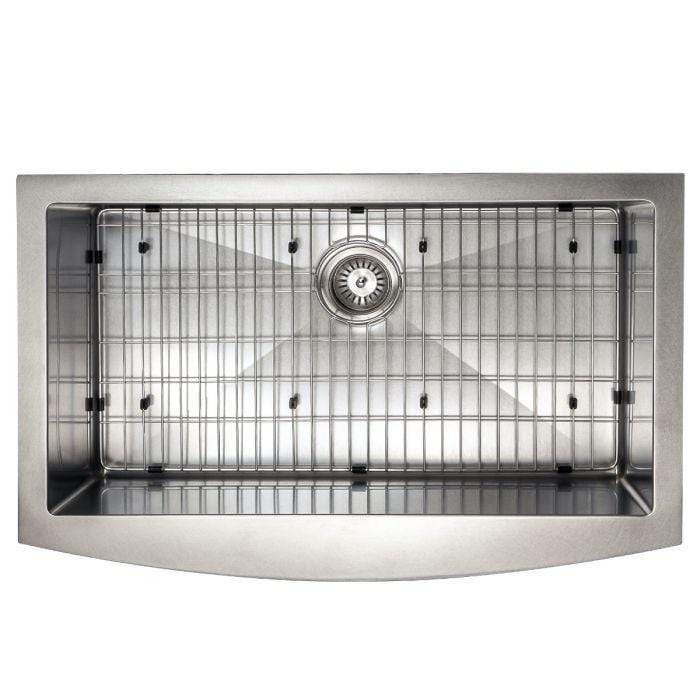 ZLINE Vail Farmhouse 33" Apron Mount Single Bowl Sink in Satin Stainless Steel (SAS-33S) with wire rack.