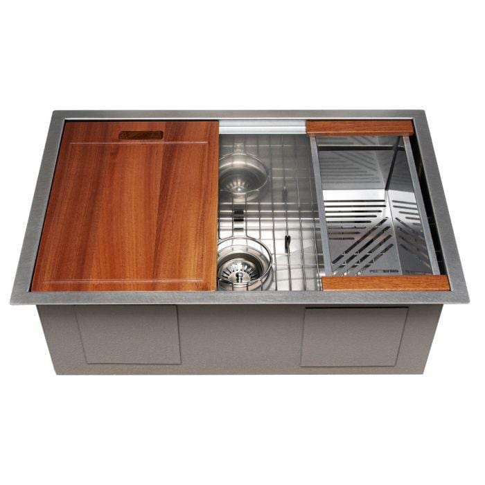 ZLINE Garmisch 27" Undermount Single Bowl Sink in Satin Stainless Steel with Accessories (SLS-27S) top view with wooden cutting board.
