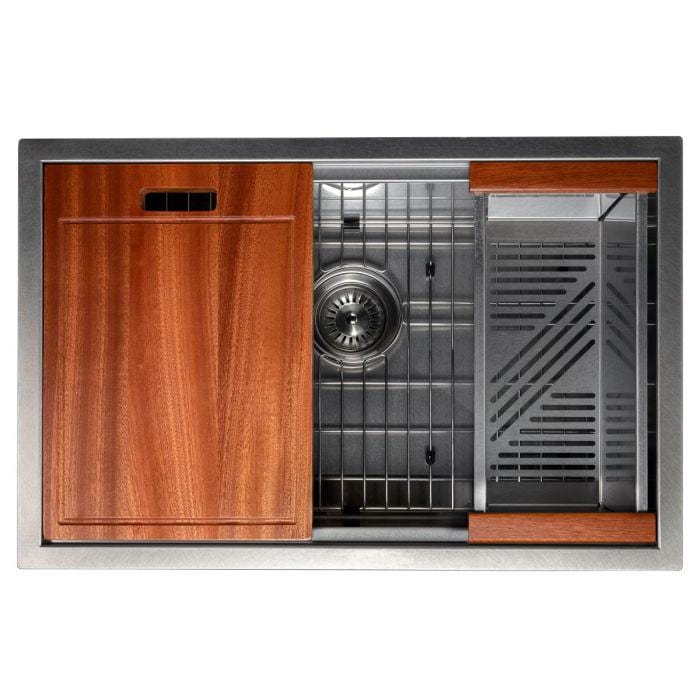 ZLINE Garmisch 27" Undermount Single Bowl Sink in Satin Stainless Steel with Accessories (SLS-27S) top view with wood insert.