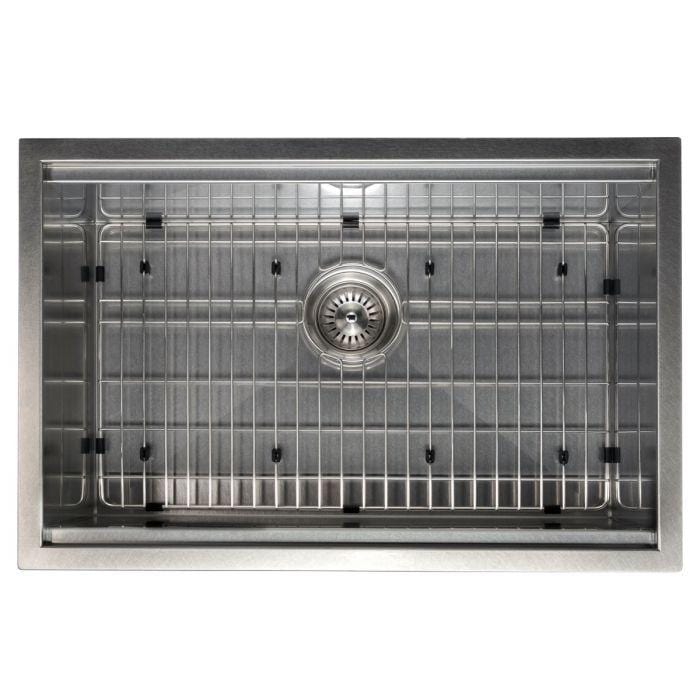 ZLINE Garmisch 27" Undermount Single Bowl Sink in Satin Stainless Steel with Accessories (SLS-27S) top view with grid.