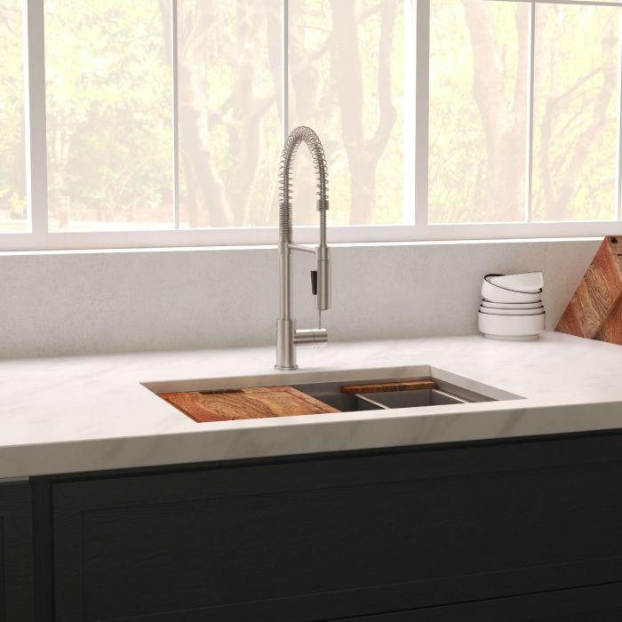 ZLINE Garmisch 27" Undermount Single Bowl Sink in Satin Stainless Steel with Accessories (SLS-27S) in kitchen with modern faucet.