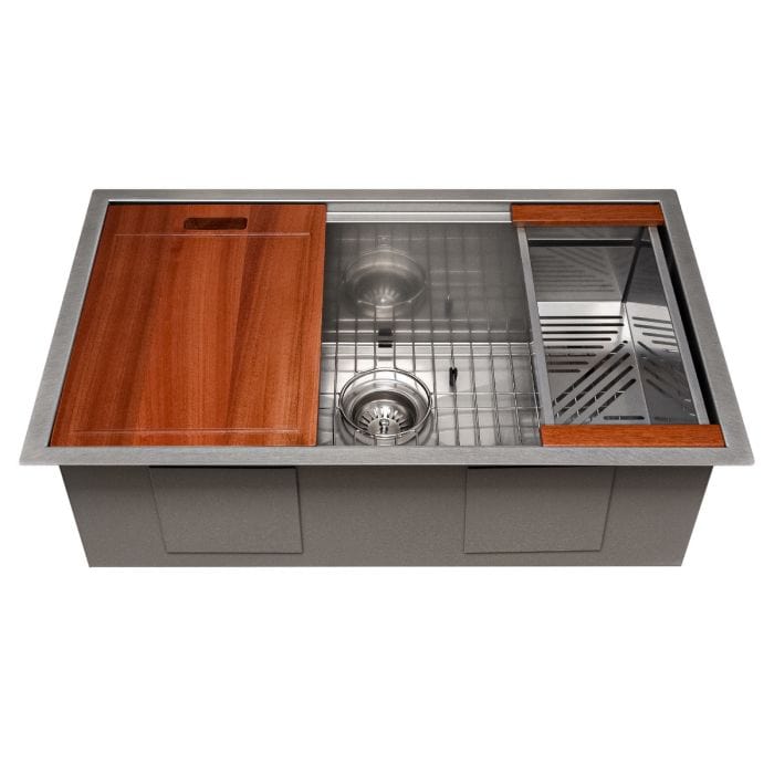ZLINE Garmisch 30" Undermount Single Bowl Sink in DuraSnow® Stainless Steel with Accessories (SLS-30S), featuring wooden overlays.
