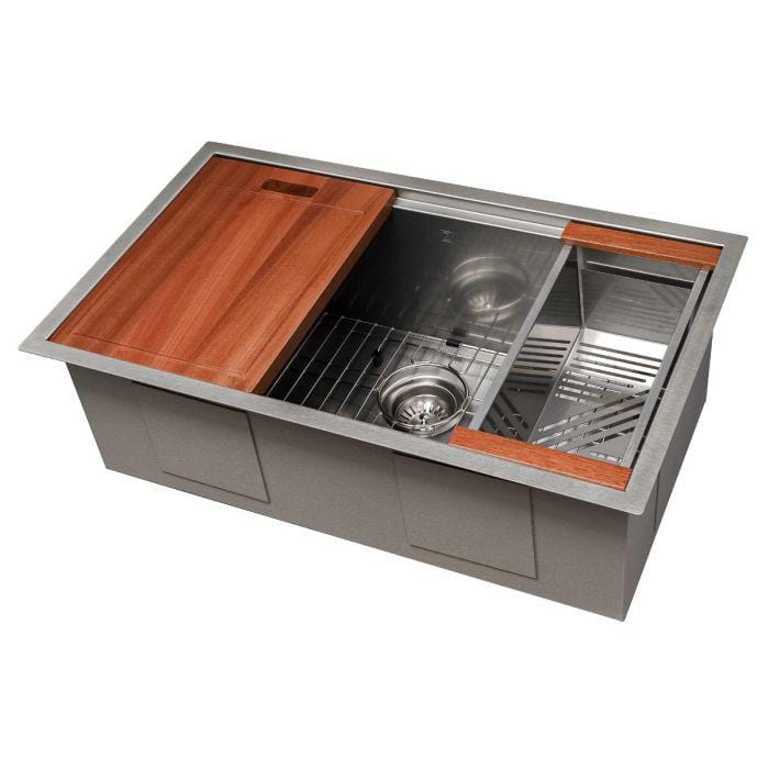 ZLINE Garmisch 30" Undermount Single Bowl Sink in DuraSnow® Stainless Steel with Accessories (SLS-30S) showing wood covers.