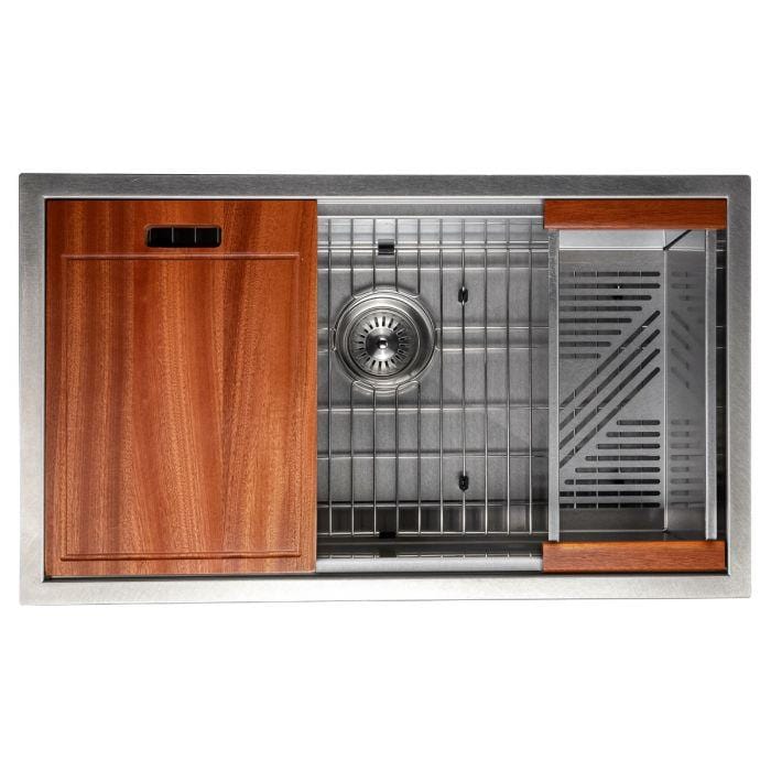 ZLINE Garmisch 30" Undermount Single Bowl Sink in DuraSnow® Stainless Steel with Accessories (SLS-30S) top view.