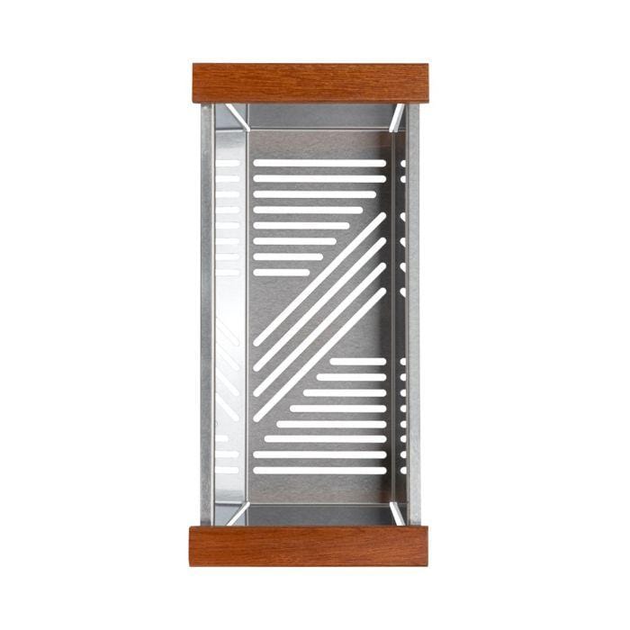 ZLINE Garmisch 33" Undermount Single Bowl Sink in DuraSnow® Stainless Steel with Accessories (SLS-33S) strainer with wood handles.