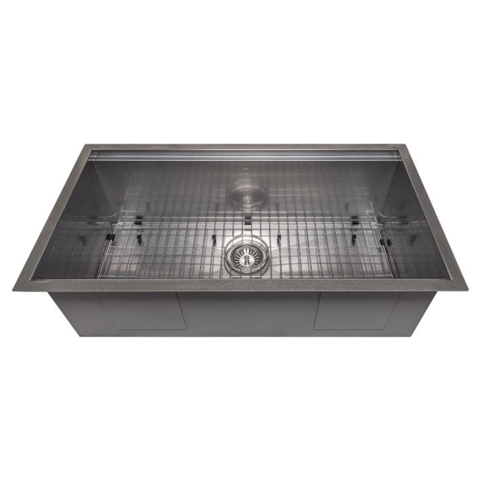 ZLINE Garmisch 33" Undermount Single Bowl Sink in DuraSnow® Stainless Steel with Accessories (SLS-33S) top view.