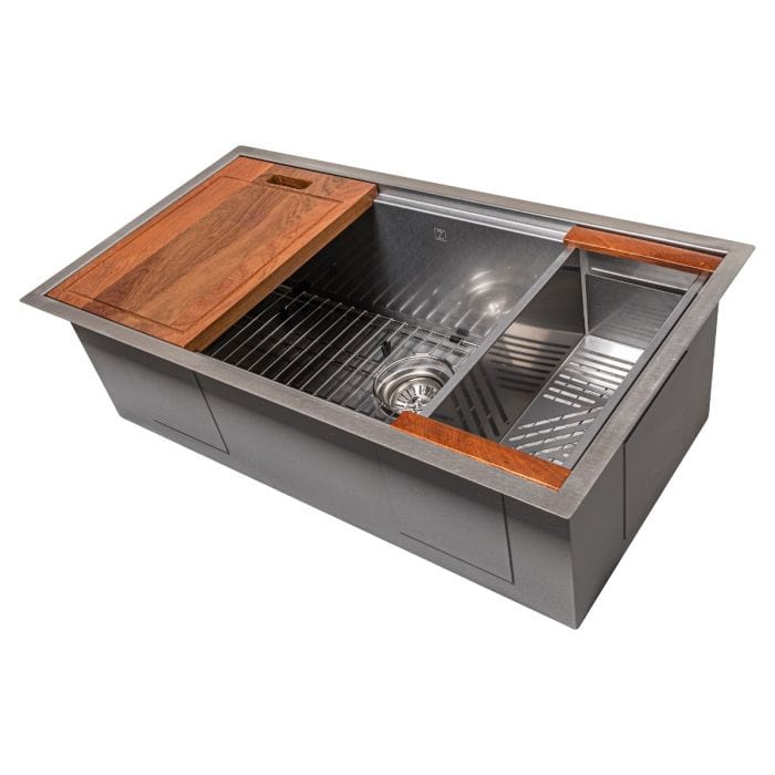 ZLINE Garmisch 33" Undermount Single Bowl Sink in DuraSnow® Stainless Steel with Accessories (SLS-33S) showcasing wooden accents.
