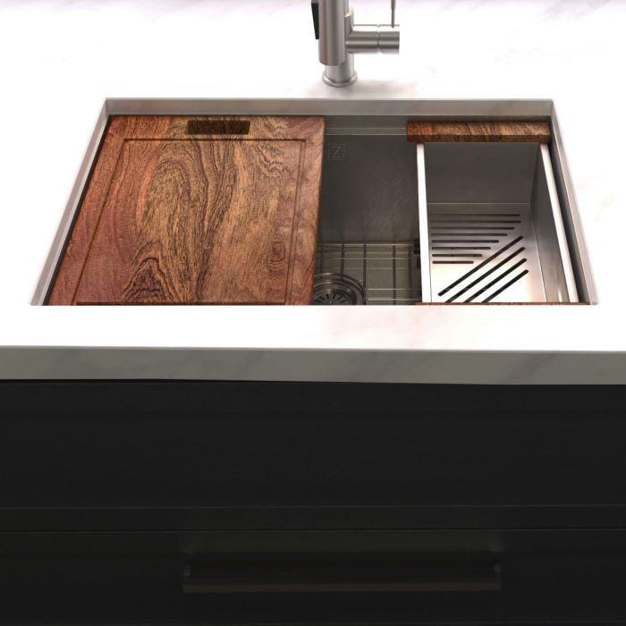 ZLINE Garmisch 33" Undermount Single Bowl Sink in DuraSnow® Stainless Steel with Accessories (SLS-33S) featuring wooden cutting boards.
