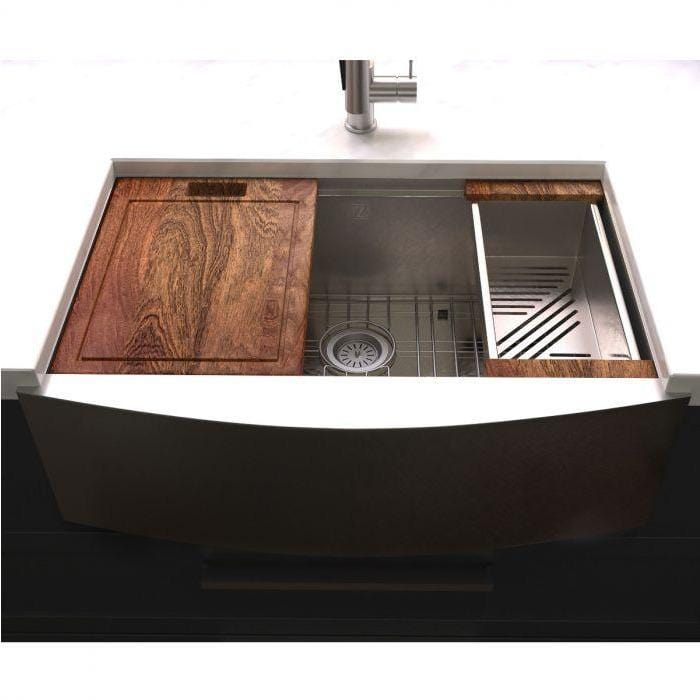 ZLINE Garmisch 33" Undermount Single Bowl Sink in Satin Stainless Steel with Accessories (SLSAP-33S) with wooden covers