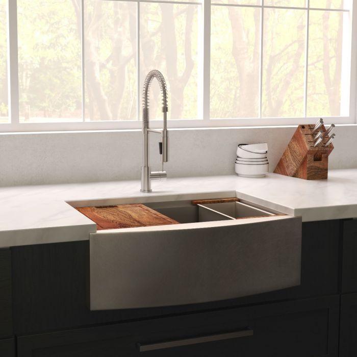 ZLINE Garmisch 33" Undermount Single Bowl Sink in Satin Stainless Steel with Accessories (SLSAP-33S) in modern kitchen setting.