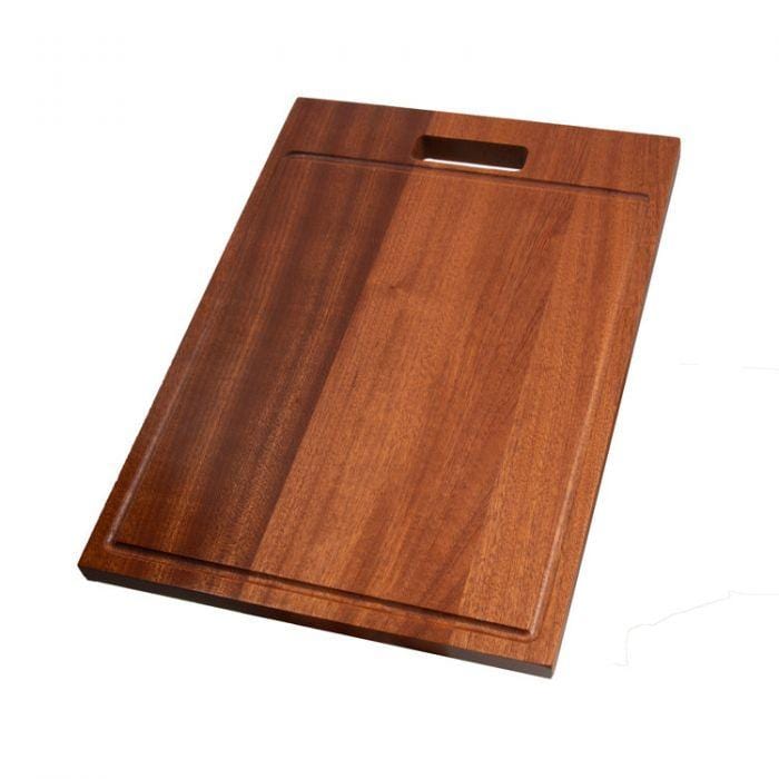 Wood chopping board with a handle and groove for juices, showcasing a rich brown finish.