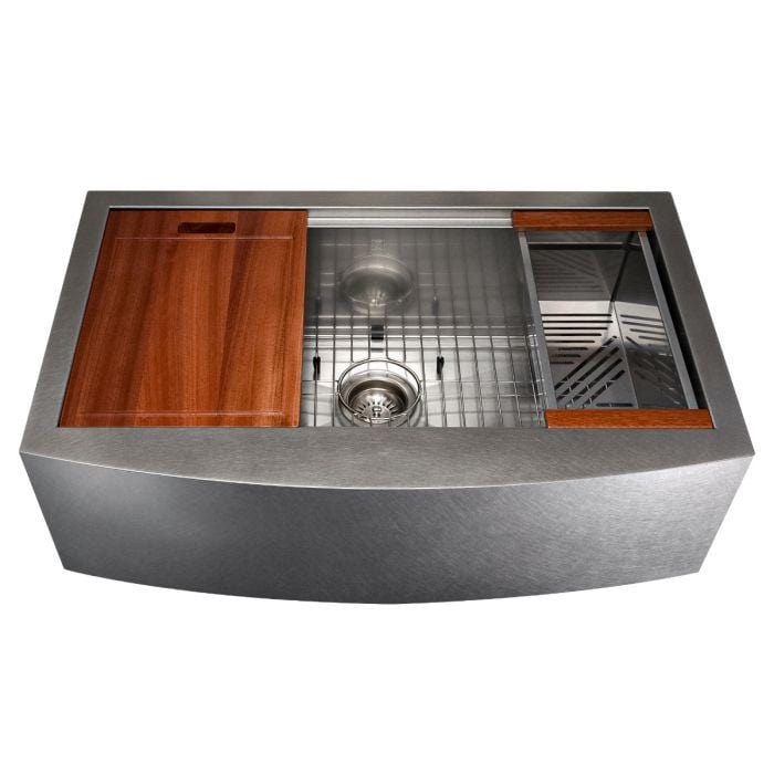ZLINE Garmisch 33" Undermount Single Bowl Sink in Satin Stainless Steel with Accessories (SLSAP-33S) angled view showcasing wood accents.