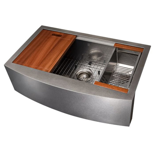 ZLINE Garmisch 33" Undermount Single Bowl Sink in Satin Stainless Steel with Accessories (SLSAP-33S) showcasing sleek design and wood accents.