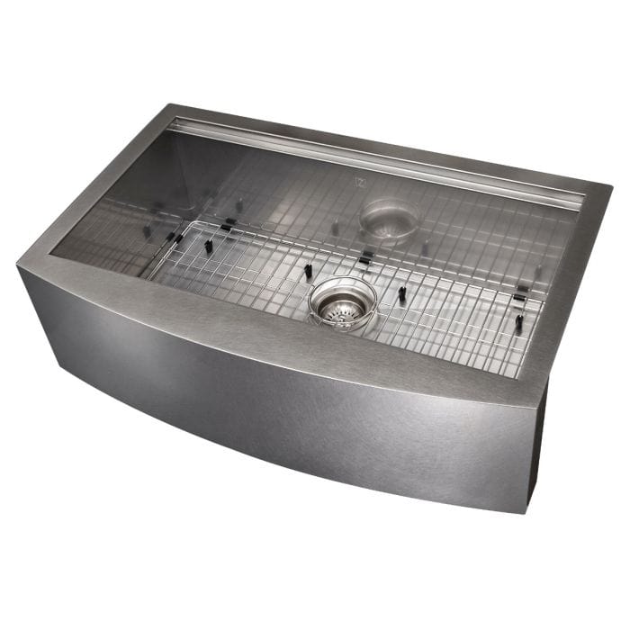 ZLINE Garmisch 33" Undermount Single Bowl Sink in Satin Stainless Steel with Accessories (SLSAP-33S) top view.