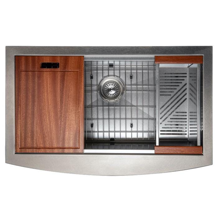 ZLINE Garmisch 33" Undermount Single Bowl Sink in Satin Stainless Steel with Accessories (SLSAP-33S) top view with wooden accents.