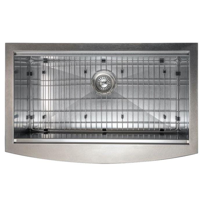 ZLINE Garmisch 33" Undermount Single Bowl Sink in Satin Stainless Steel with Accessories (SLSAP-33S) top view with grate.