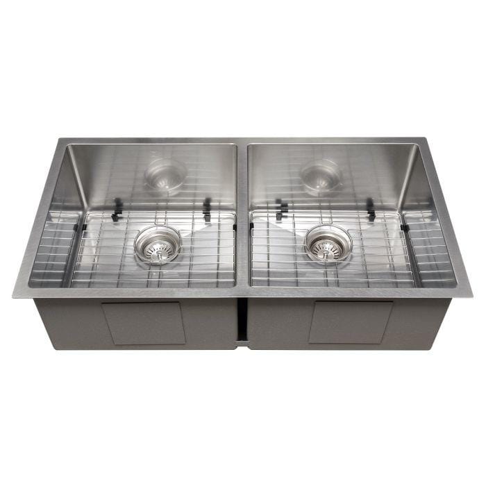 ZLINE Anton 36" Undermount Double Bowl Sink in DuraSnow® Stainless Steel (SR50D-36S) with dual compartments and grid.