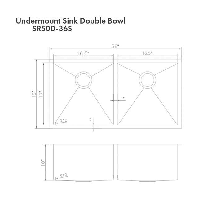 ZLINE Anton 36" Undermount Double Bowl Sink in DuraSnow® Stainless Steel (SR50D-36S)