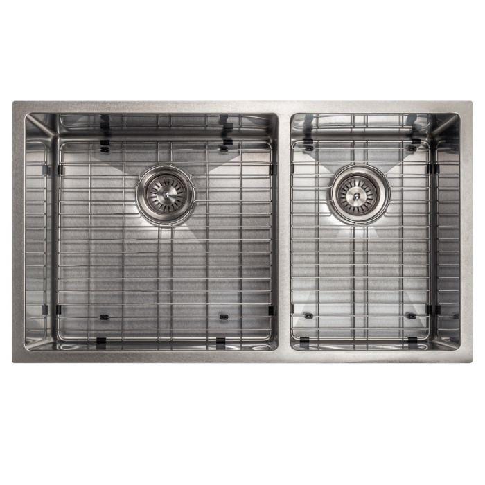 ZLINE Chamonix 33" Undermount Double Bowl Sink in DuraSnow® Stainless Steel (SR60D-33S) view from above with grids.