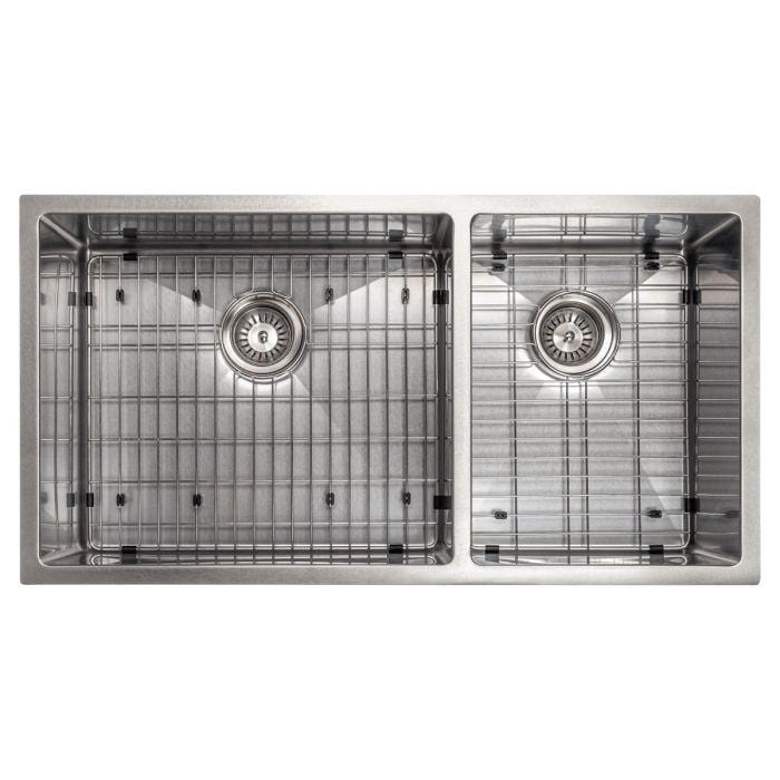 ZLINE Chamonix 36" DuraSnow® Undermount Double Bowl Sink SR60D-36S stainless steel view with grid.