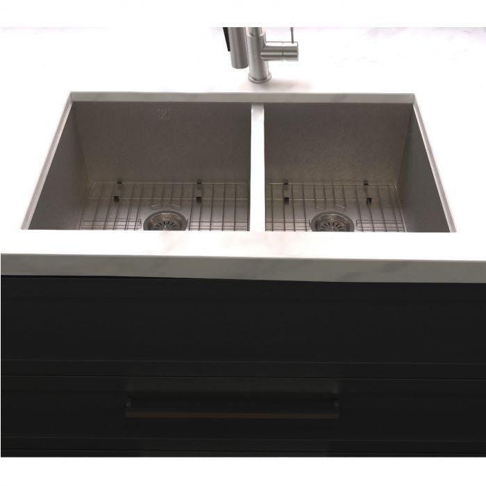 ZLINE Chamonix 36" DuraSnow® Undermount Double Bowl Sink SR60D-36S with dual-bowl design and grids.