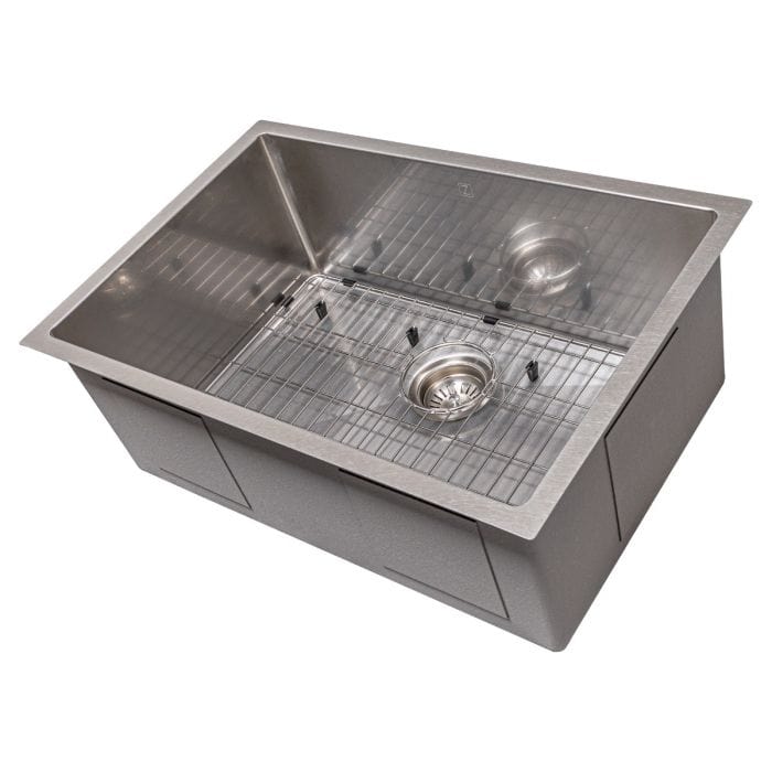 ZLINE Meribel 27" DuraSnow® Undermount Kitchen Sink SRS-27S with sleek stainless steel finish and grid.