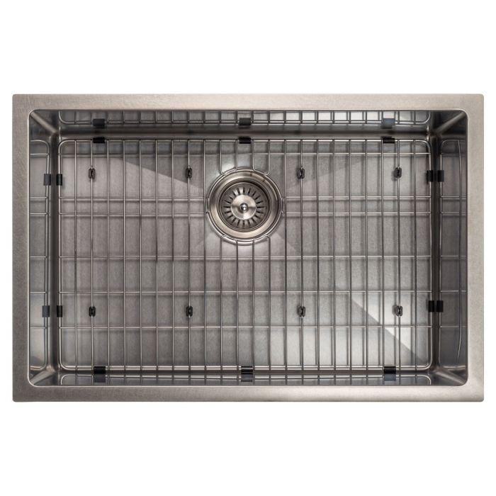 ZLINE Meribel 27" DuraSnow® Undermount Kitchen Sink SRS-27S with grid and drain in stainless steel finish.