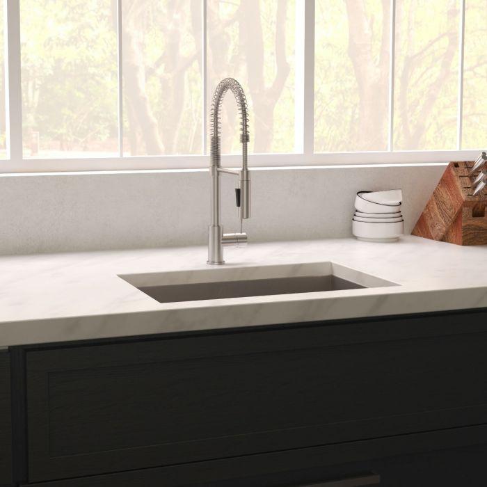 ZLINE Meribel 27" DuraSnow® Undermount Kitchen Sink SRS-27S integrated in modern kitchen countertop.