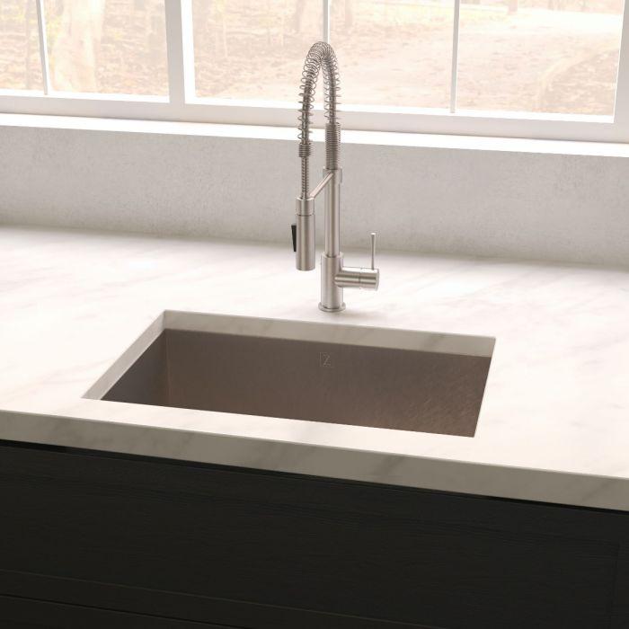 ZLINE Meribel 30" DuraSnow® Undermount Kitchen Sink SRS-30S with modern faucet installed on a marble countertop.
