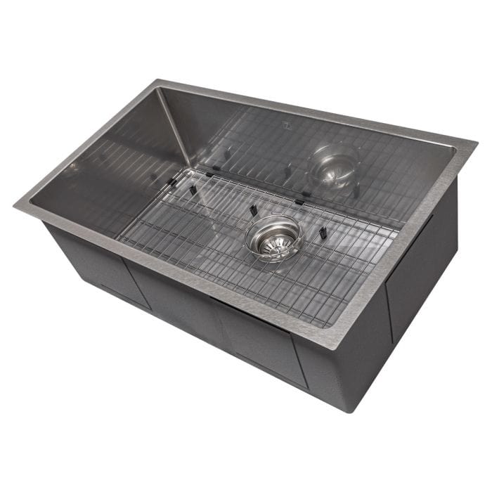 ZLINE Meribel 30" DuraSnow® Undermount Kitchen Sink SRS-30S with grid and drain basket.