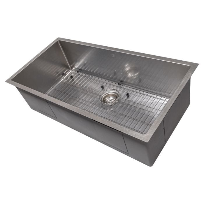 ZLINE Meribel 36" DuraSnow® Undermount Kitchen Sink SRS-36S with stainless steel finish and integrated grid.
