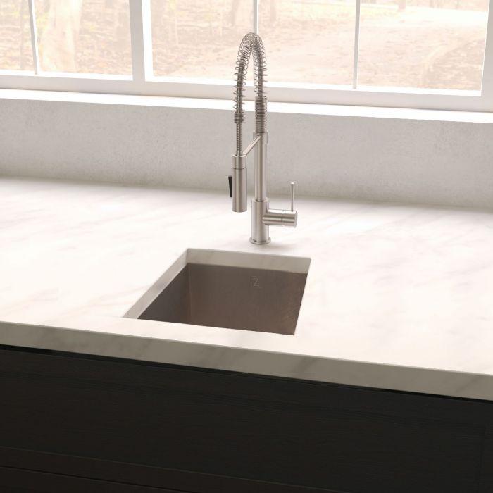 ZLINE Boreal 15" DuraSnow® Undermount Bar Sink SUS-15S with modern faucet and marble countertop.