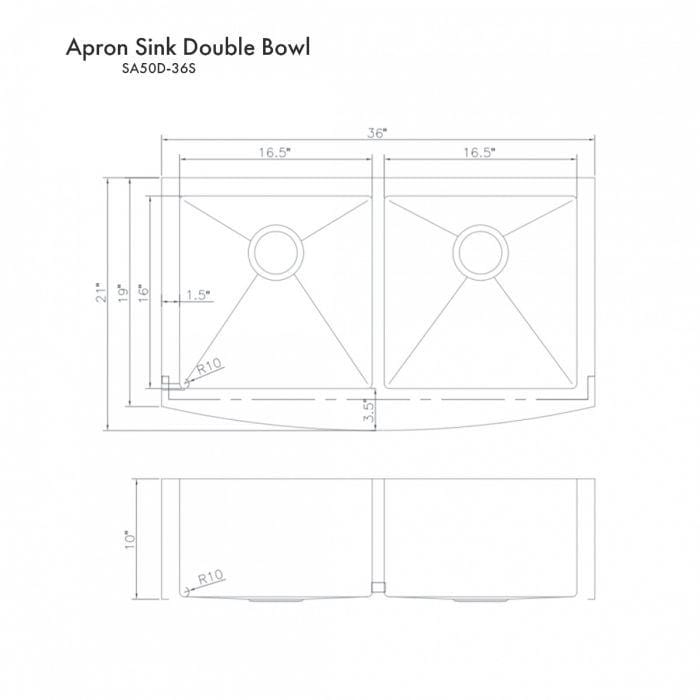 ZLINE Niseko Farmhouse 36" Apron Mount Double Bowl Sink in Satin Stainless Steel (SA50D-36S) dimensions diagram.