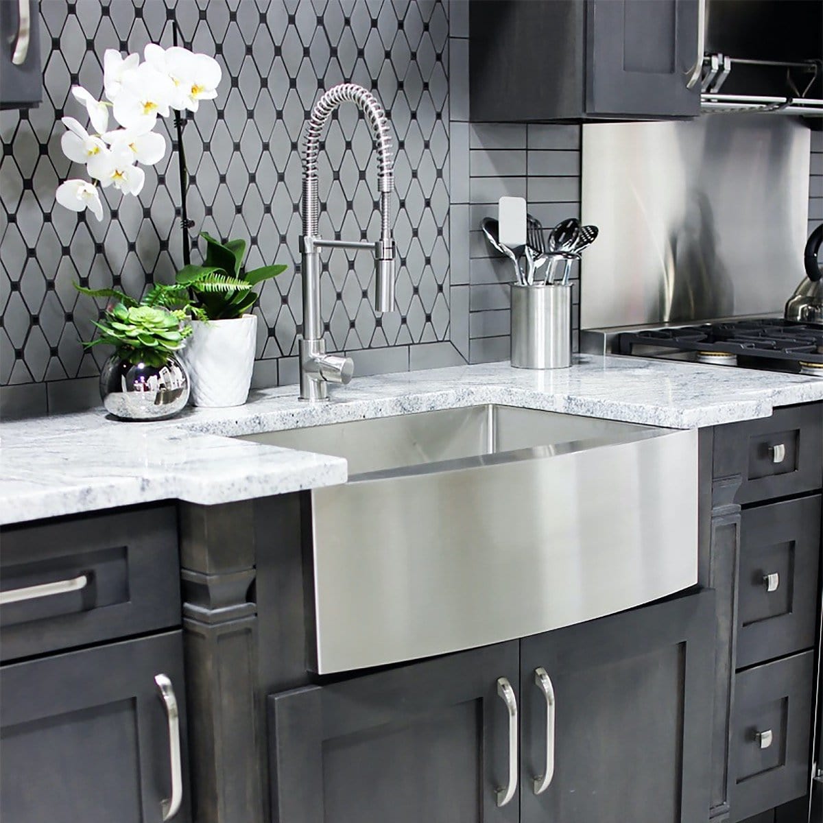 ZLINE Zermatt Farmhouse 30" Apron Mount Single Bowl Sink in Stainless Steel (SAS-30) showcased in modern kitchen.