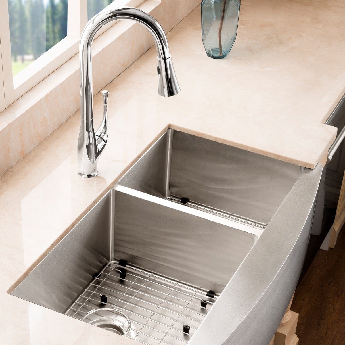 ZLINE Courchevel Farmhouse 36" Apron Mount Double Bowl Sink in Stainless Steel (SA60D-36) with modern faucet and countertop.