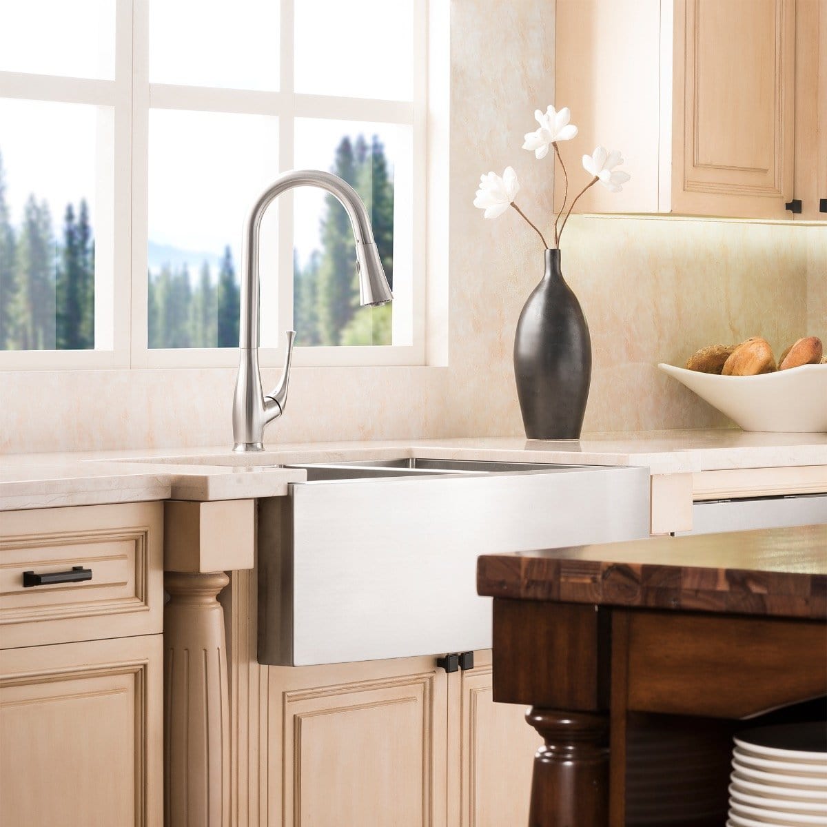 ZLINE Courchevel Farmhouse 36" Apron Mount Double Bowl Sink in Stainless Steel (SA60D-36) in a modern kitchen setting.