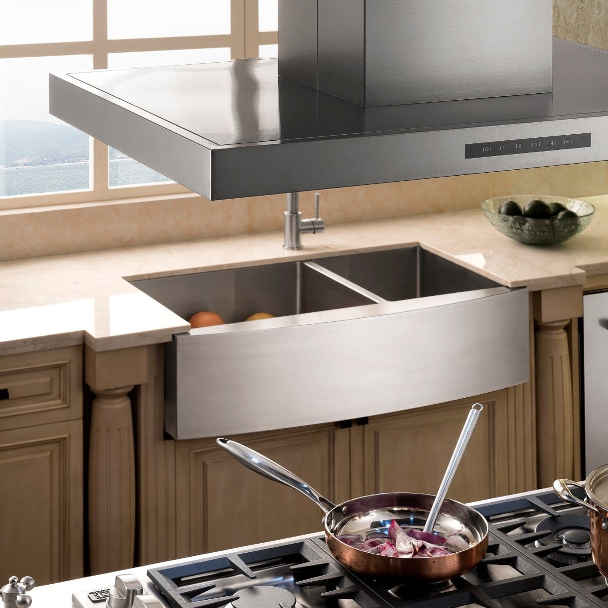ZLINE Courchevel Farmhouse 36" Apron Mount Double Bowl Sink in Stainless Steel (SA60D-36) with modern kitchen design.