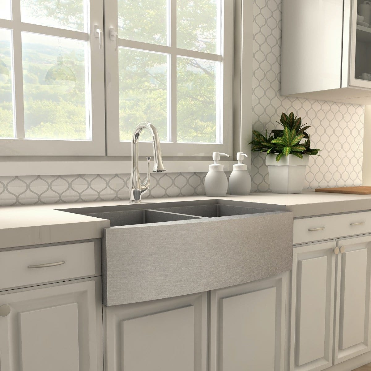 ZLINE Shakespeare Chrome Elegant Kitchen Faucet SHK-KF-CH installed in a modern kitchen with a stylish sink.